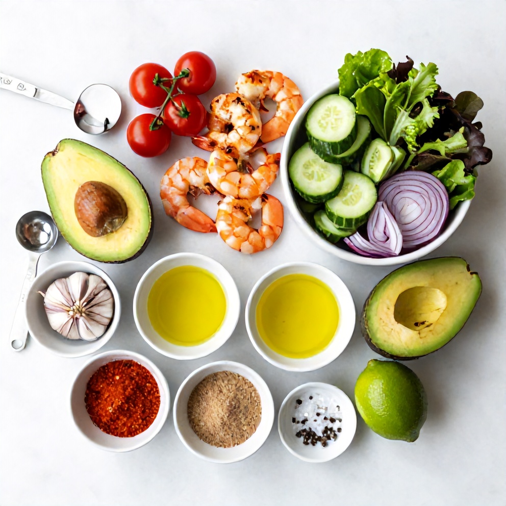 Raw Ingredients for Grilled Shrimp and Avocado Bowl