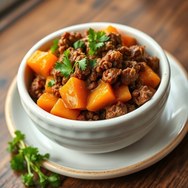Plated ground beef sweet potato bowl garnished with fresh herbs and drizzled hot honey sauce
