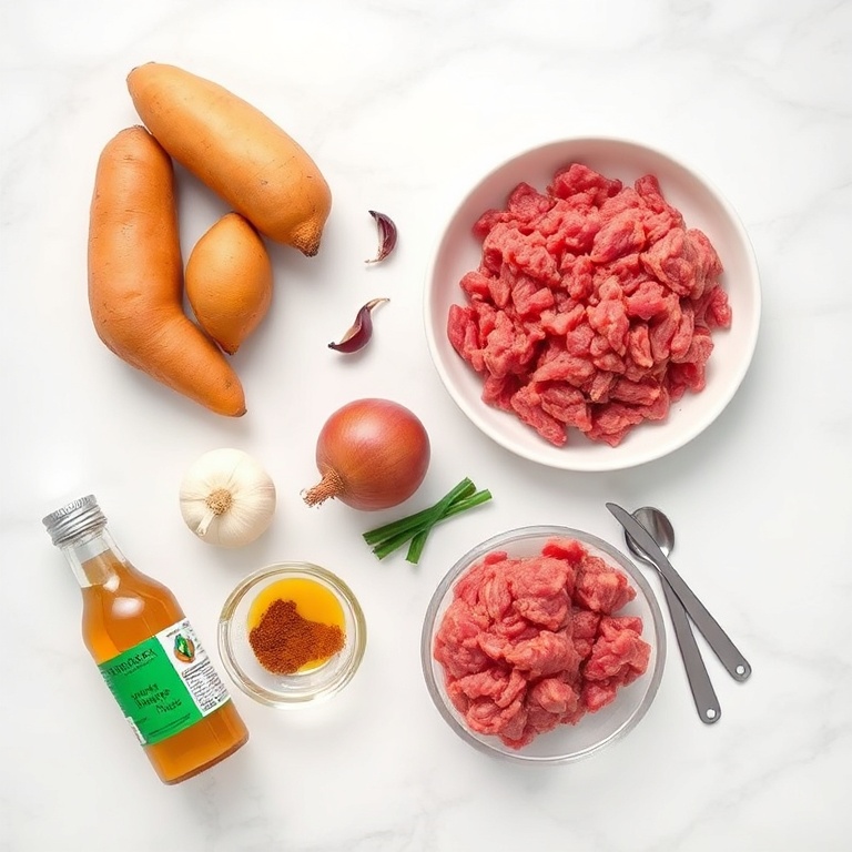 Raw ingredients for easy ground beef sweet potato bowls including ground beef sweet potatoes red onion garlic and hot honey sauce ingredients laid out