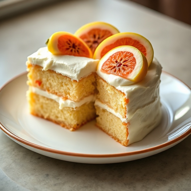 Perfectly plated guava cake with cream cheese frosting. Garnished with fresh guava slices. Creamy texture and golden crust. Warm side lighting.