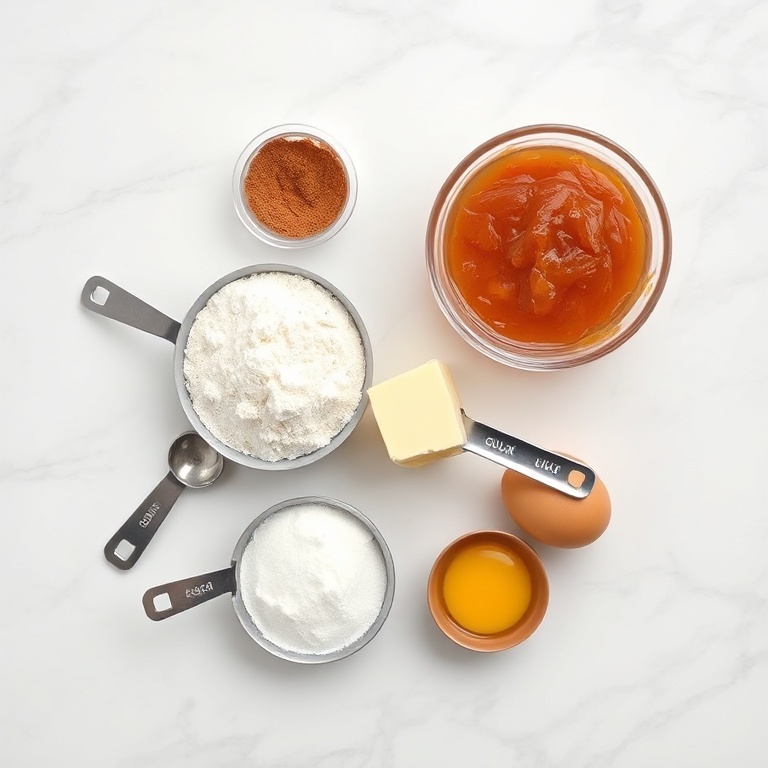 Raw ingredients for guava cake: guava paste, flour, sugar, butter, eggs. Measuring spoons and bowls on white marble surface. Bright even light.