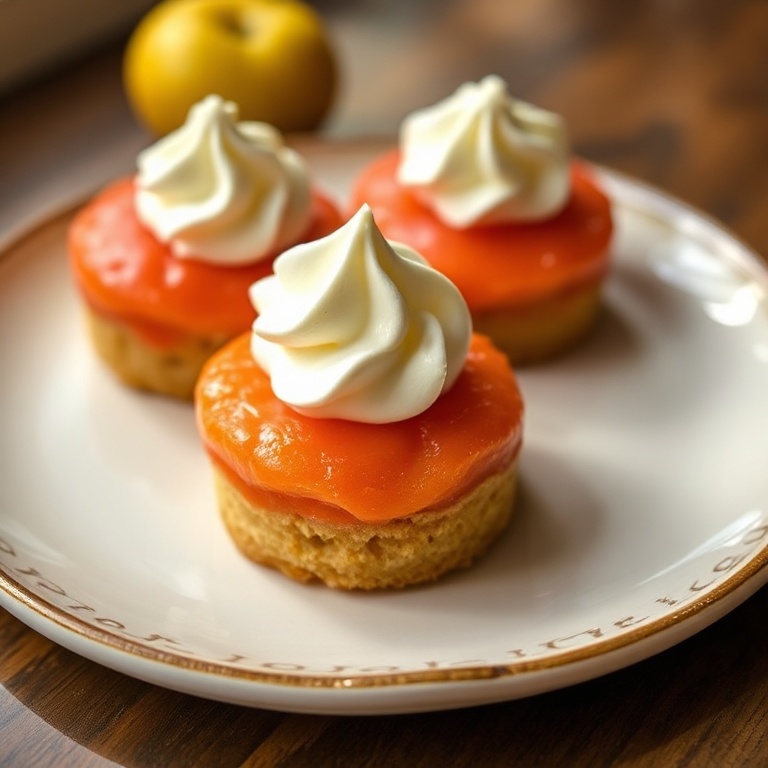 Plated hawaiian guava mini cakes with whipped cream. Warm plate with soft lighting. Rich texture visible.