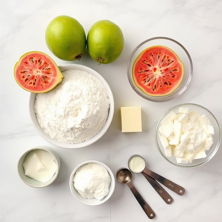 Fresh guava, flour, sugar, butter, cream cheese. Measuring spoons and bowls on a white marble surface. Bright light.