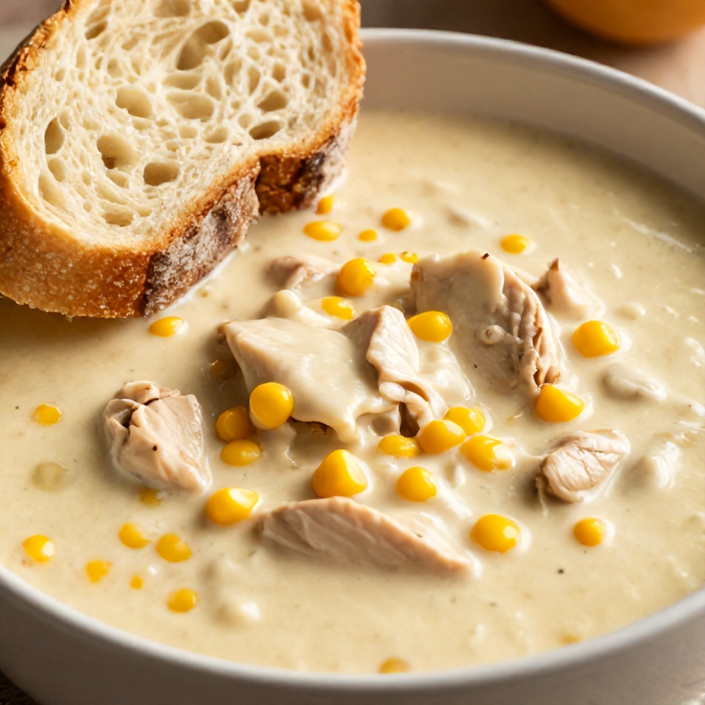 Bowl of Chicken and Corn Chowder with Crusty Bread