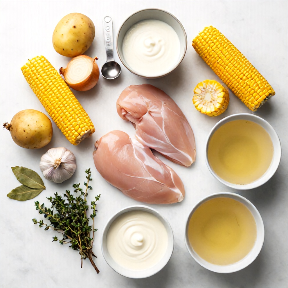 Raw Ingredients for Chicken and Corn Chowder on a Marble Surface