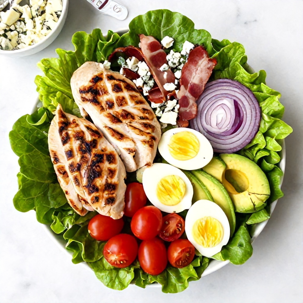 Raw ingredients for Easy High Protein Grilled Chicken Cobb Salad on a white marble surface