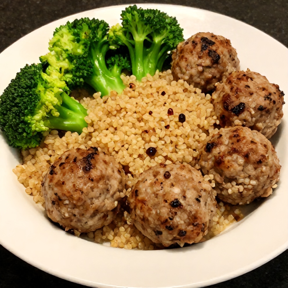 Plated turkey meatballs with quinoa and steamed broccoli