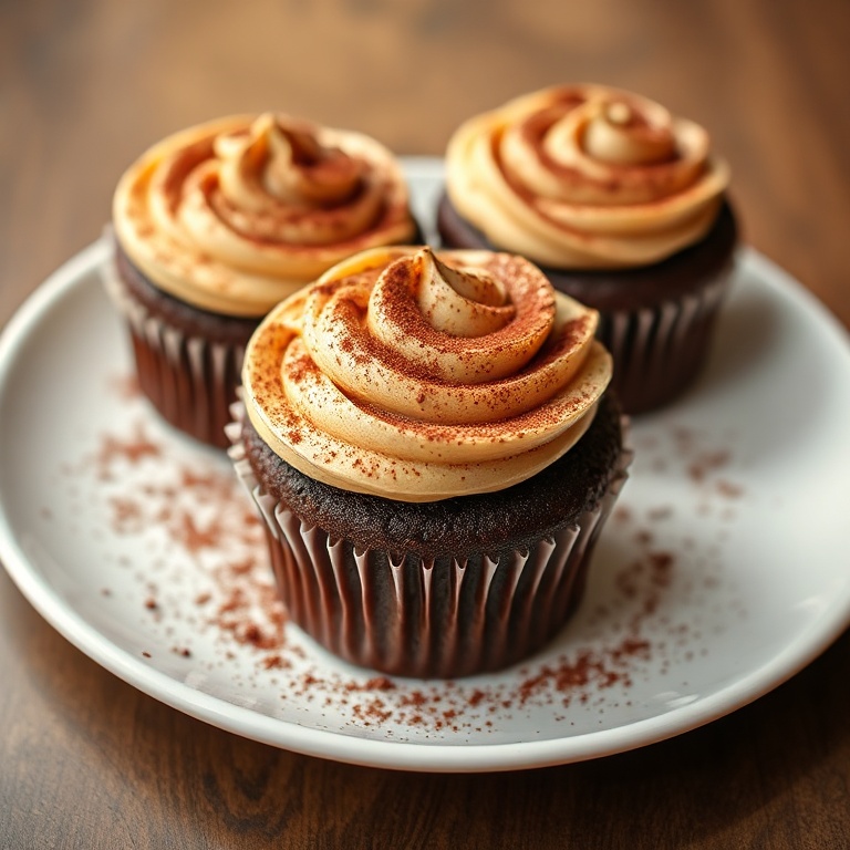 Perfectly plated chocolate cupcakes with a dusting of cocoa powder. Close-up of the golden edges and creamy frosting.