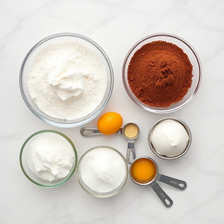 Flour, sugar, cocoa powder, baking powder, and eggs arranged in an overhead flat lay. Measuring spoons and cups visible on white marble surface.