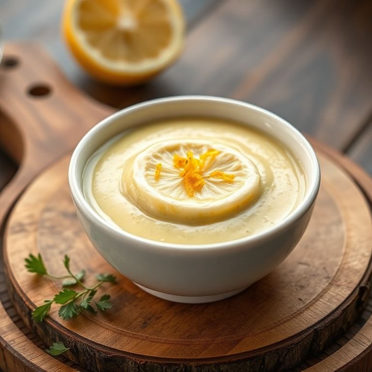 Close up of one bowl serving creamy Lebanese garlic sauce toum garnished with lemon zest on rustic white plate with warm side lighting