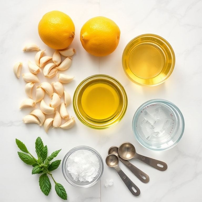 Overhead flat lay of raw garlic, lemon, salt, vegetable oil, and ice water with small prep bowls on white marble surface for Lebanese garlic sauce toum recipe