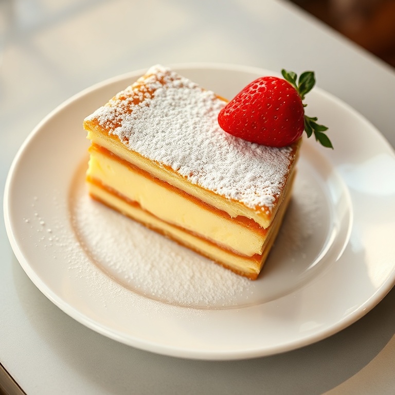 A perfectly plated slice of Napoleon cake with a dusting of powdered sugar, on a white porcelain plate. A single strawberry garnish added for visual appeal.