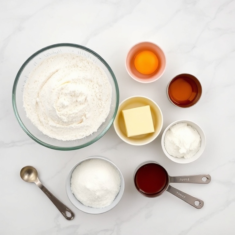 Overhead flat lay of the raw ingredients for an Easy Homemade Napoleon Cake. Flour, sugar, eggs, butter, and vanilla extract prominently displayed. Measuring spoons and cups nearby on a white marble surface.