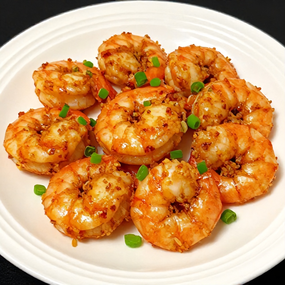Plated Honey Garlic Shrimp with green onions