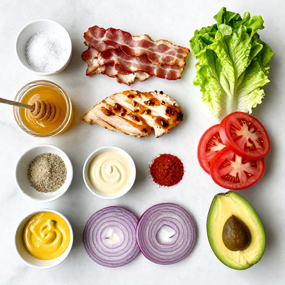 Raw ingredients for Honey Mustard BLT Chicken Sliders on a marble surface