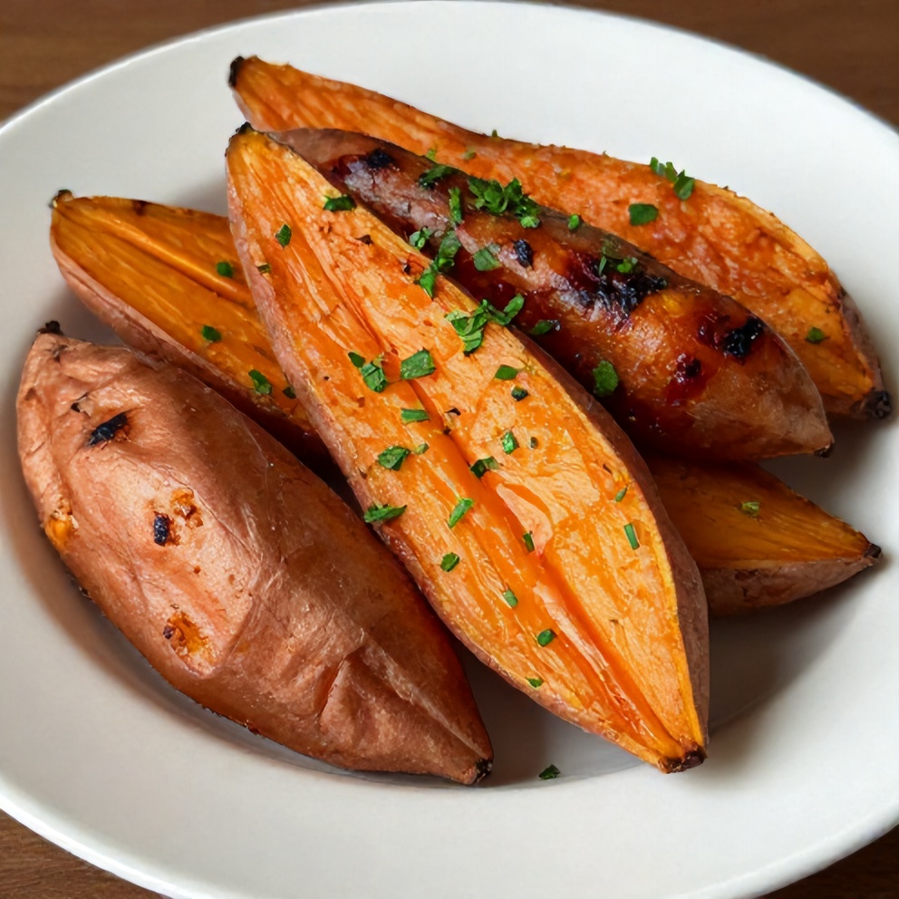 Plated honey roasted sweet potatoes with a sprinkle of parsley