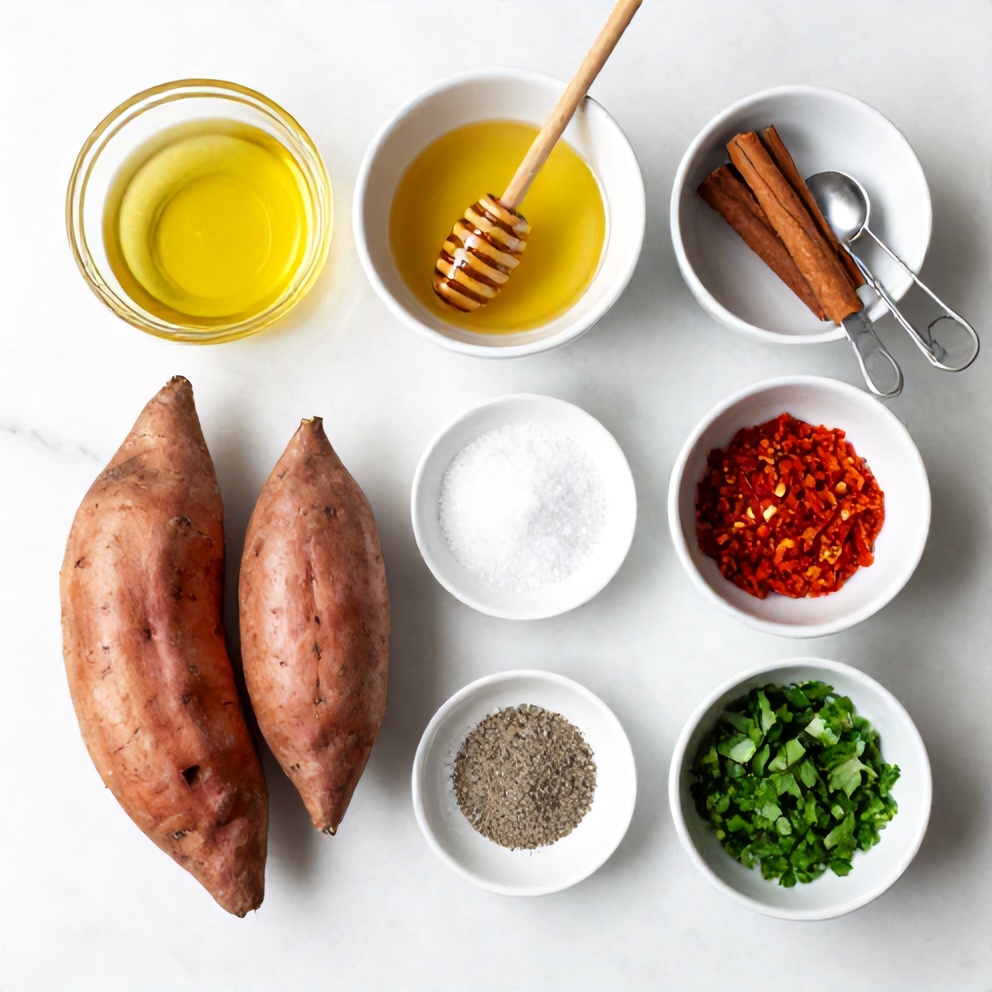 Raw ingredients for honey roasted sweet potatoes on a marble surface