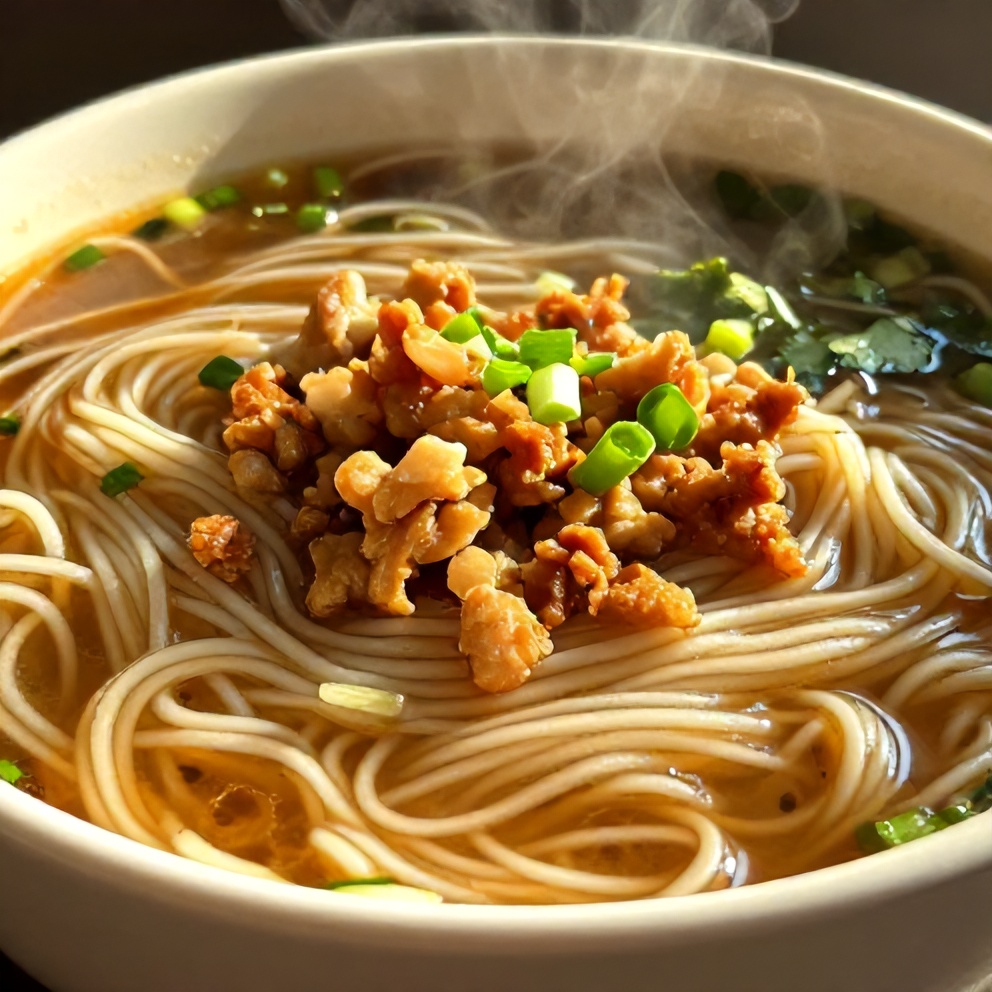 Steaming bowl of hot and sour noodle soup with crispy pork topping