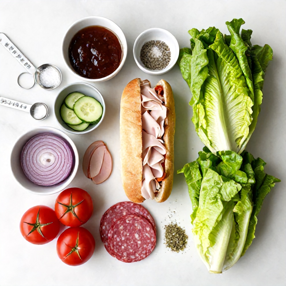 Italian grinder salad sandwich ingredients on a marble counter