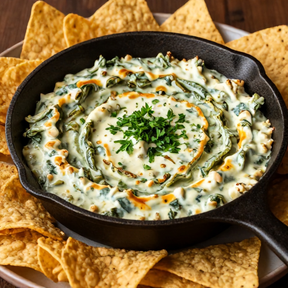 Jalapeño Spinach Artichoke Dip served in a cast iron skillet, surrounded by tortilla chips, with a sprinkle of fresh parsley