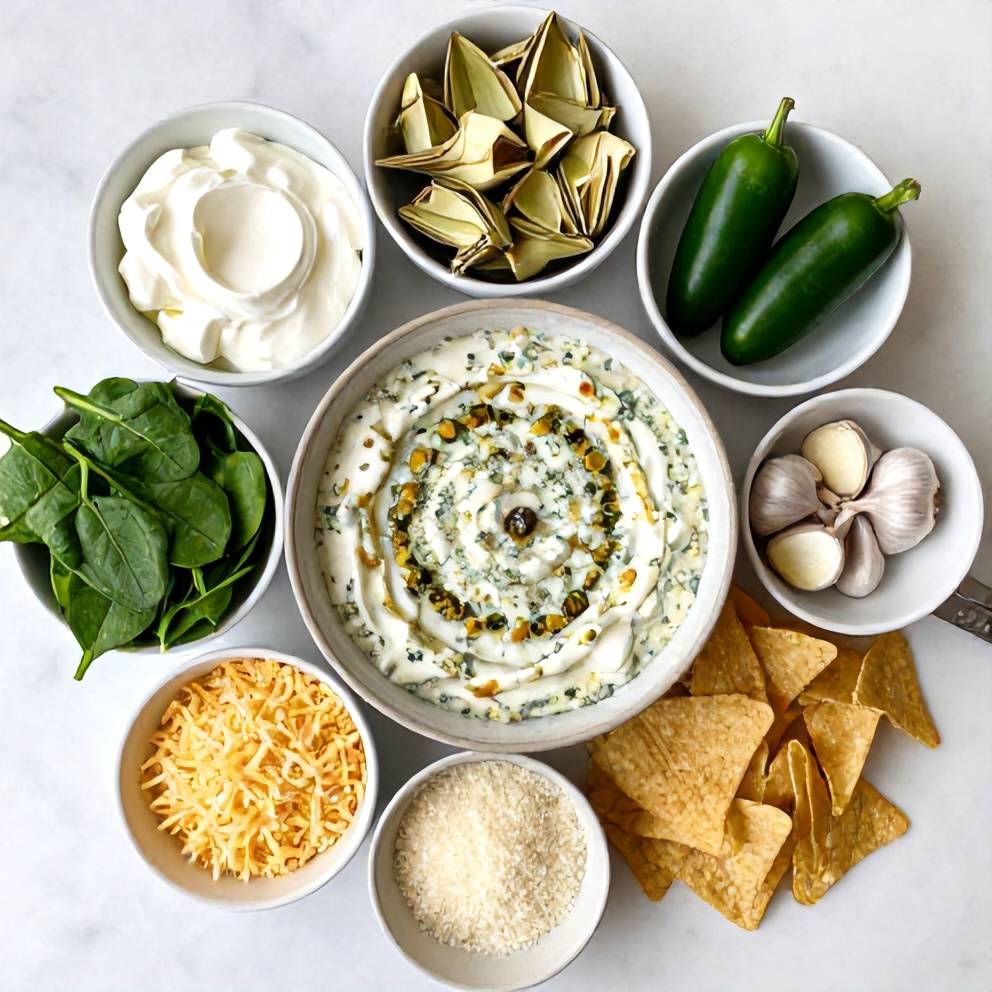 Raw ingredients for Jalapeño Spinach Artichoke Dip: cream cheese, sour cream, spinach, artichoke hearts, jalapeños, garlic, Parmesan cheese, and tortilla chips