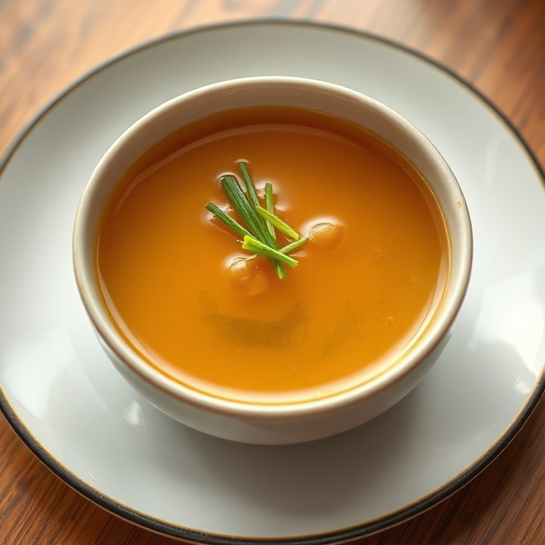 A single bowl of Japanese clear soup garnished with green onions. The broth is clear and golden. A white ceramic plate with a dark rim provides a clean background. Warm light enhances the visual appeal of the soup.