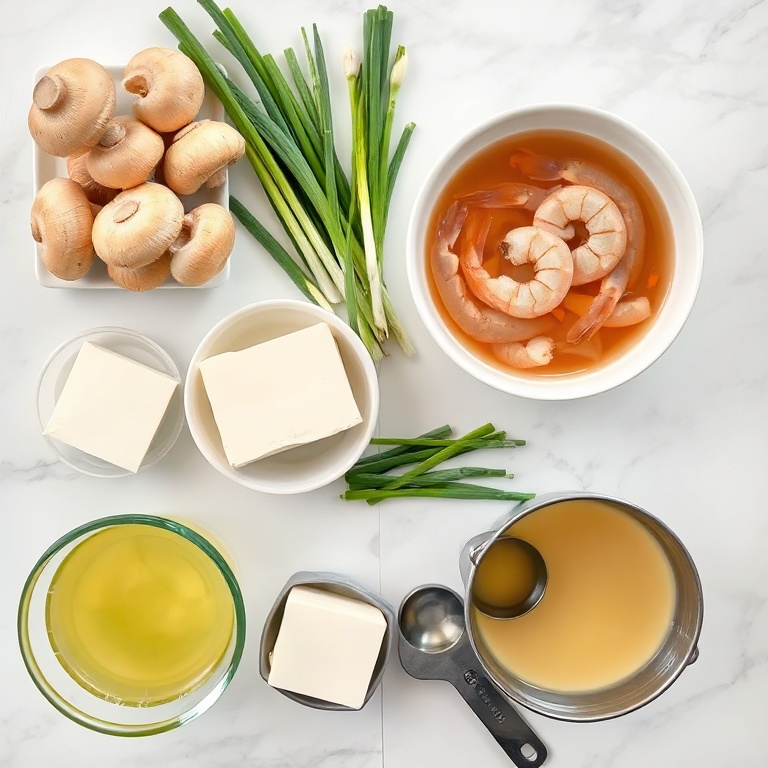 Raw ingredients for Japanese clear soup arranged in an overhead flat lay. Fresh shiitake mushrooms, green onions, tofu, shrimp, and chicken stock are visible. Measuring spoons and bowls add context to the recipe preparation.