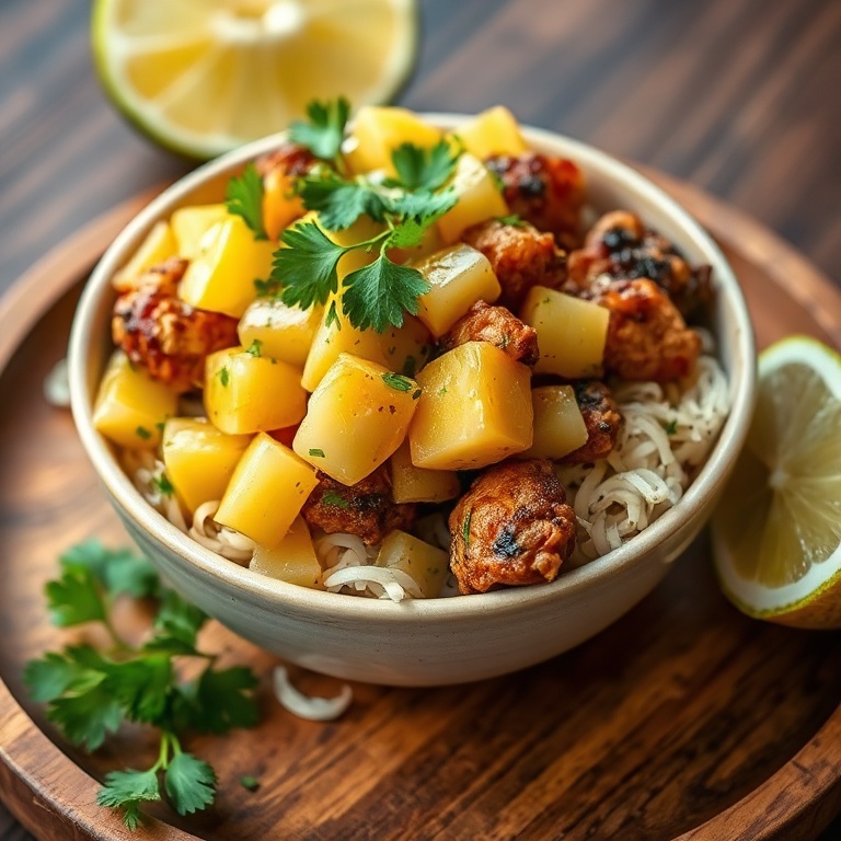 Jerk chicken bowl with fresh pineapple salsa, garnished with cilantro, close crop on wooden plate