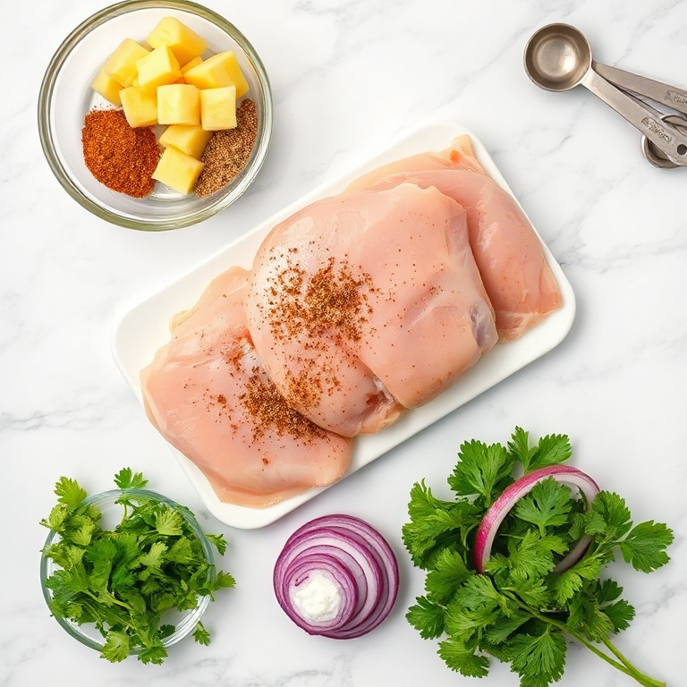Raw chicken, jerk seasoning, pineapple, red onion, cilantro, lime on white marble