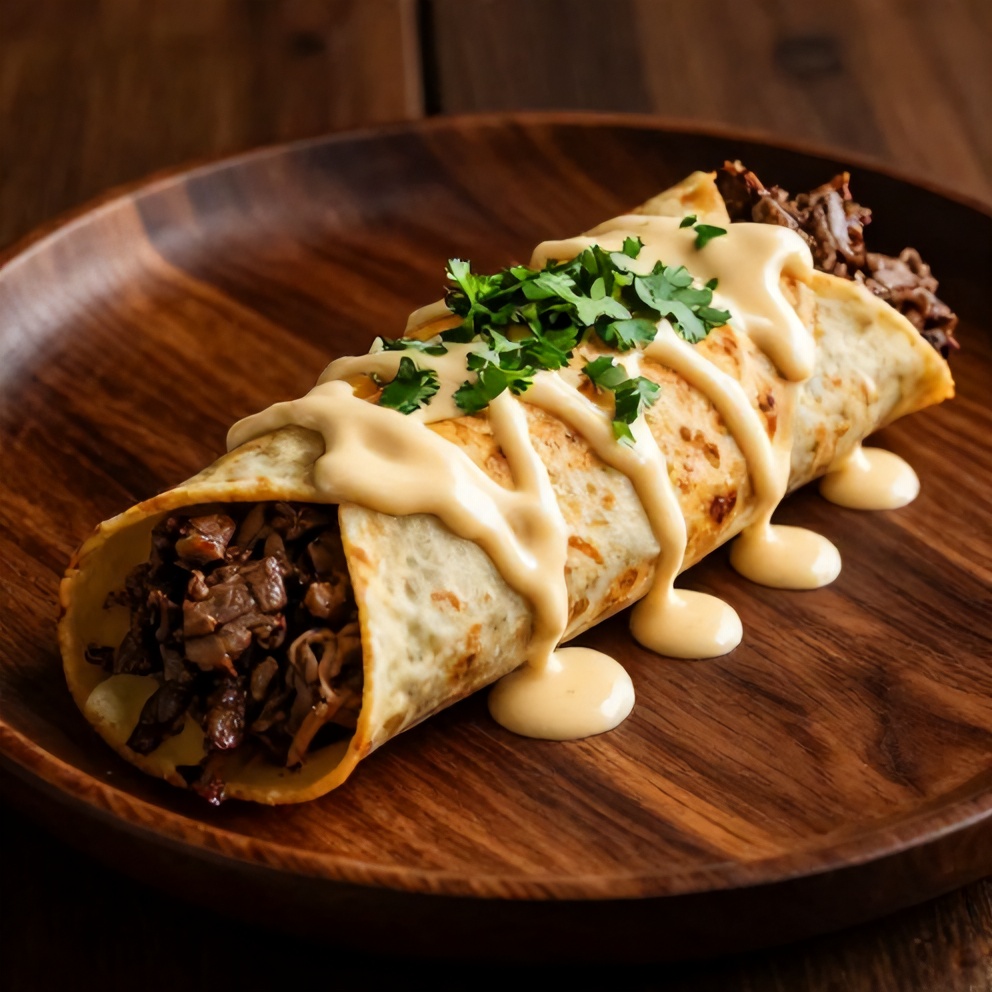 Plated keto beef crunchwraps with cheesy sauce