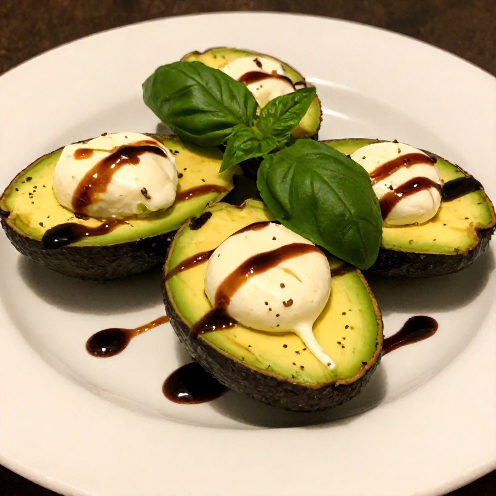 Plated Keto Caprese Stuffed Avocado Bites with fresh basil and balsamic glaze