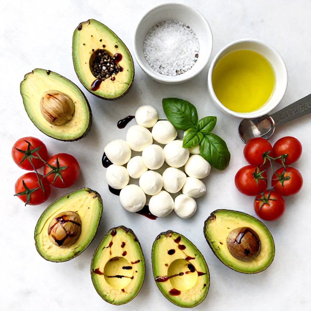 Raw ingredients for Keto Caprese Stuffed Avocado Bites on a white marble surface