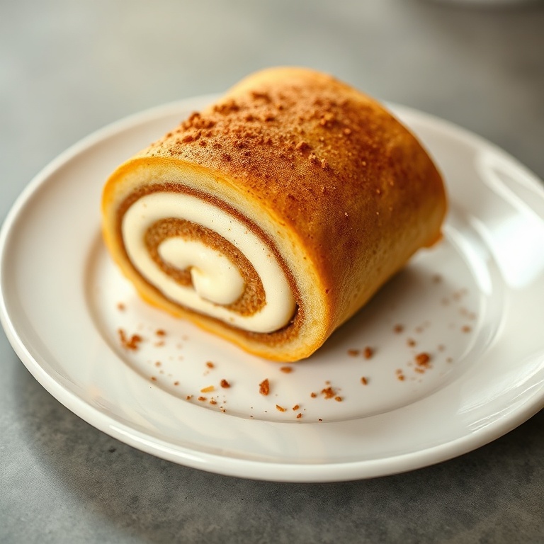 One plated keto cinnamon cream cheese roll up garnished with cinnamon and cream, close up showing creamy texture