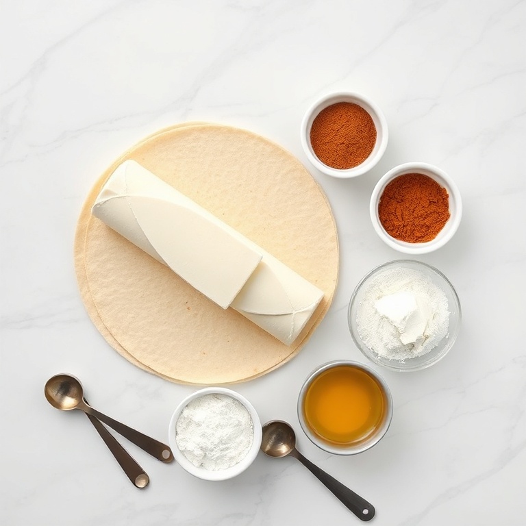 Raw ingredients for keto cinnamon cream cheese roll ups including cream cheese, cinnamon, dough, eggs, and sweetener arranged overhead
