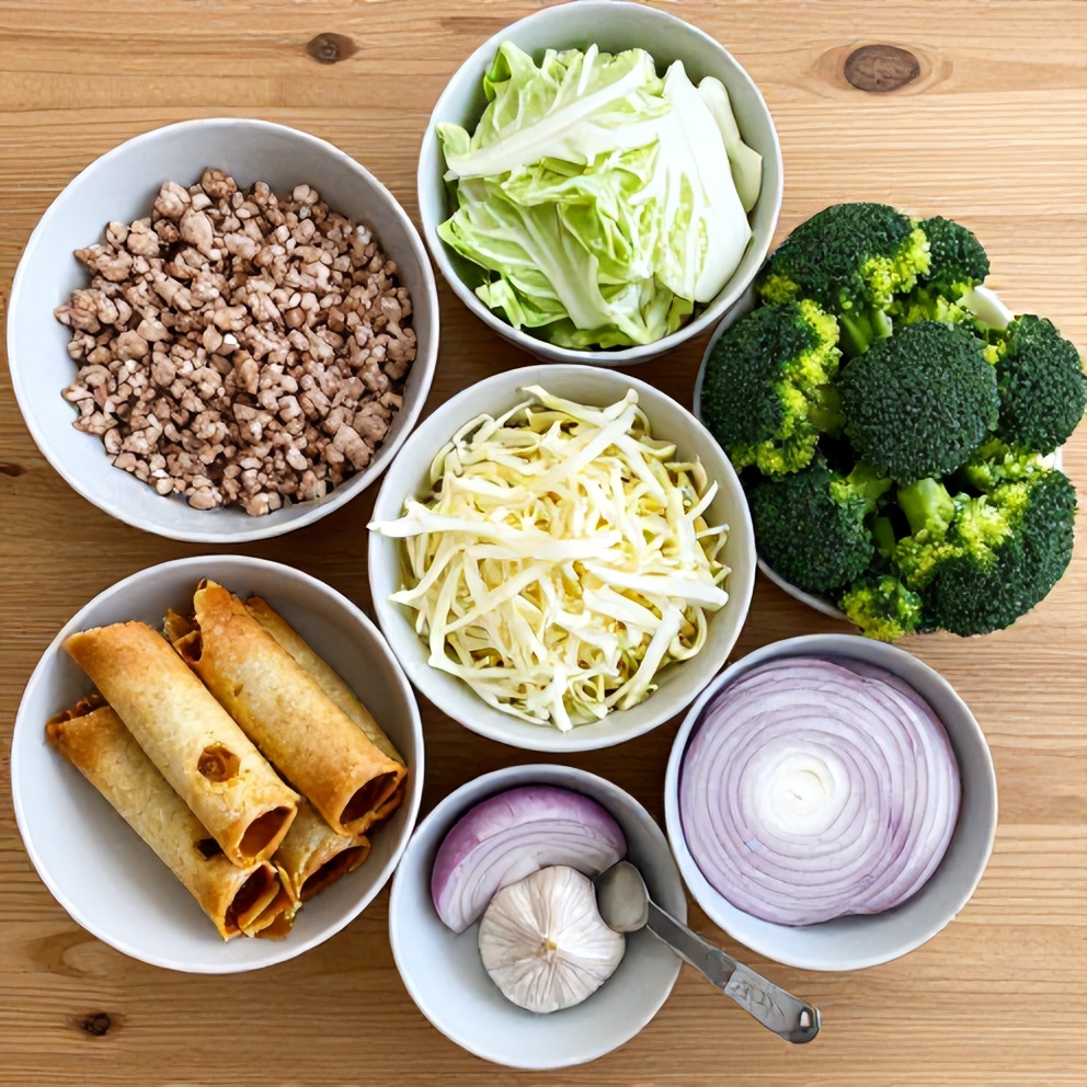 Raw ingredients for Keto Egg Roll in a Bowl on a wooden surface