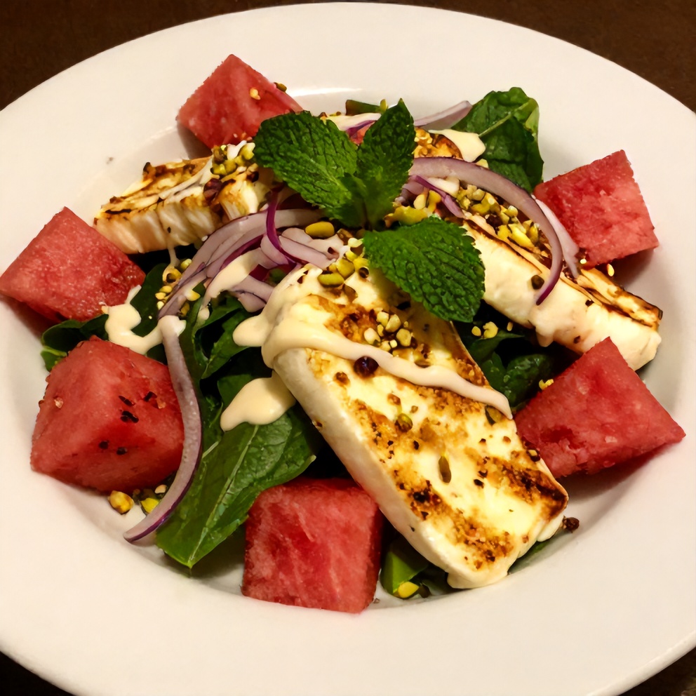 Plated watermelon halloumi salad with a drizzle of dressing