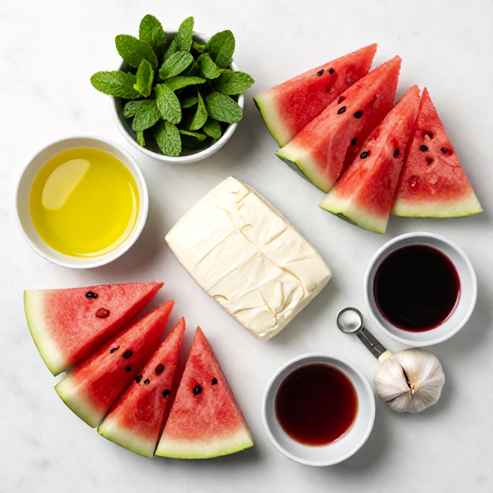 Halloumi cheese, watermelon, fresh mint, and other ingredients laid out on a white marble surface