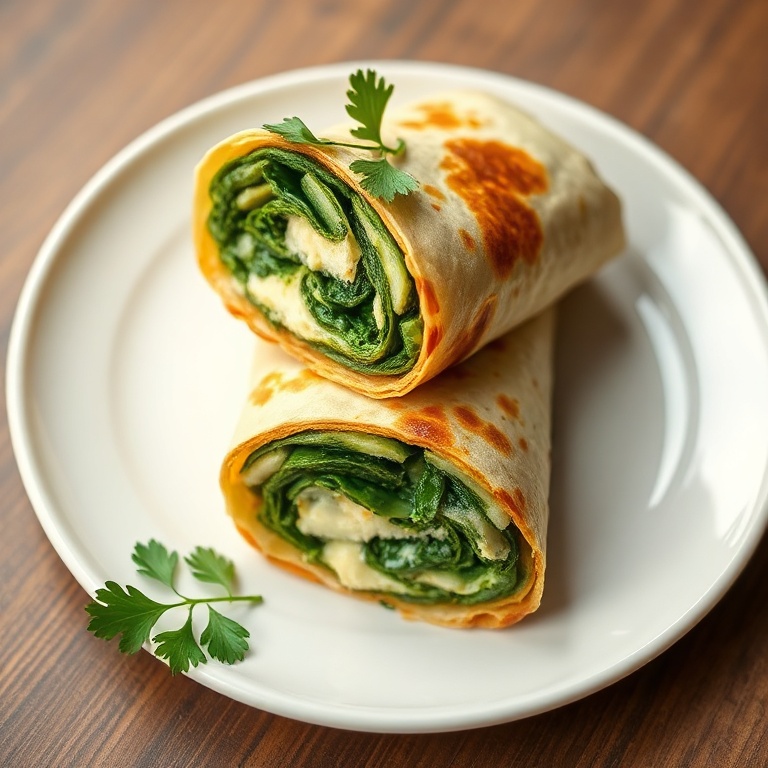One plated easy keto spinach wrap garnished with fresh herbs on white plate with warm side light