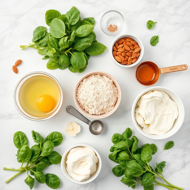 Overhead flat lay of raw spinach, almond flour, eggs, cream cheese, and cheese slices in prep bowls on white marble surface
