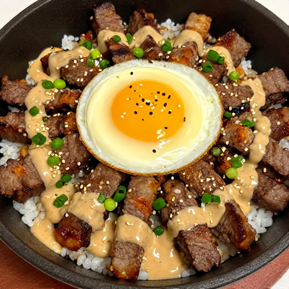 Korean BBQ Steak Rice Bowls with Spicy Cream Sauce