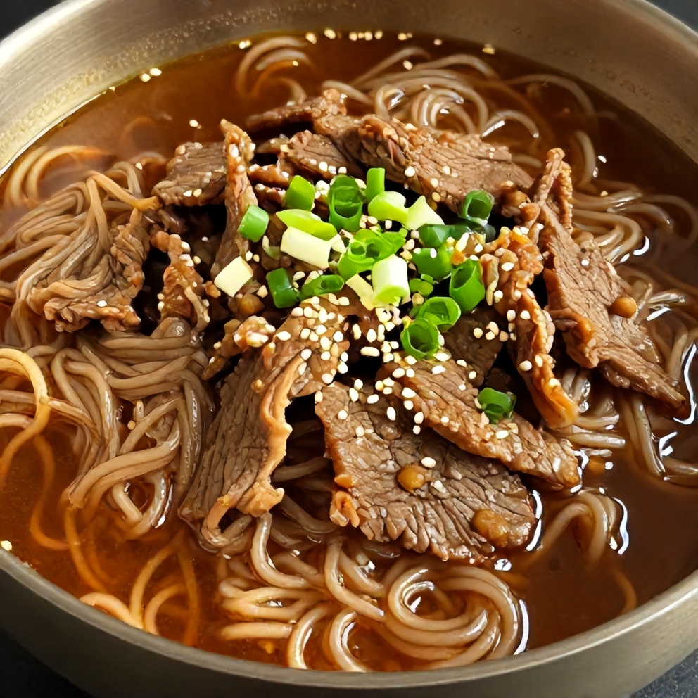 Plated Korean Beef Ramen with green onions