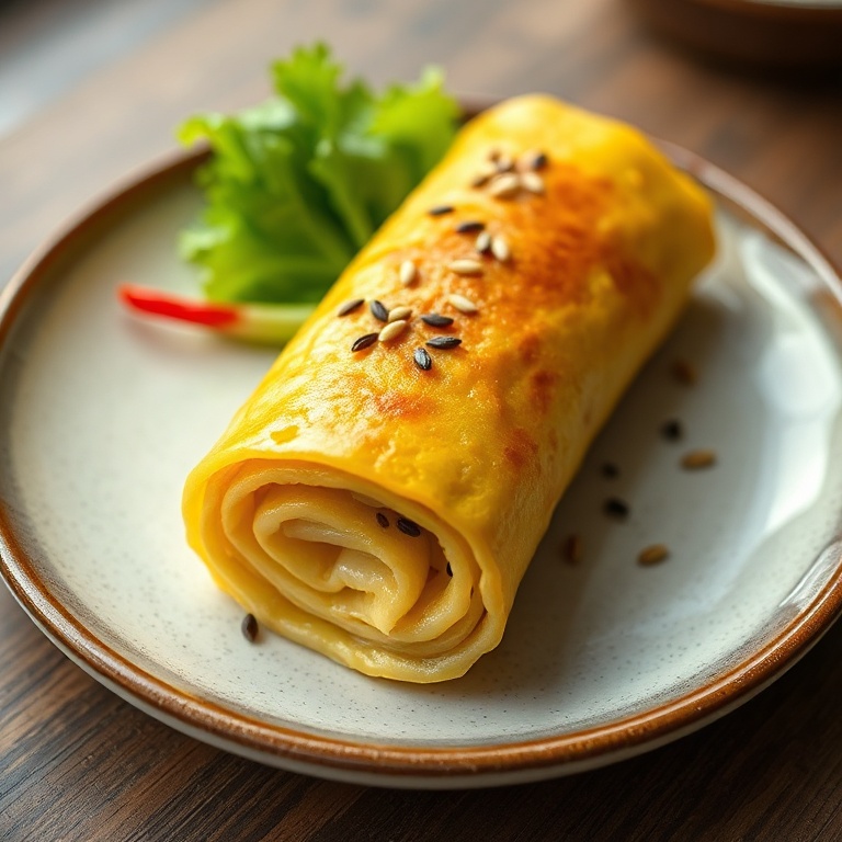 Perfect plated Korean rolled omelette. Garnished with sesame seeds. Close crop on ceramic plate. Warm lighting highlighting texture.