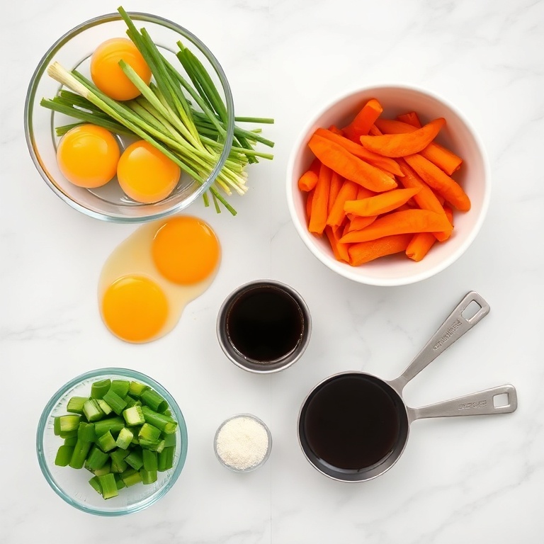 Raw ingredients for Korean rolled omelette. Eggs, green onions, carrots, bell pepper, soy sauce. Measuring spoons and bowls on white marble surface.