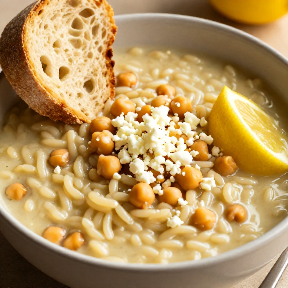 Bowl of Lemon Chickpea Orzo Soup with a sprinkle of feta, crusty bread, and a lemon wedge