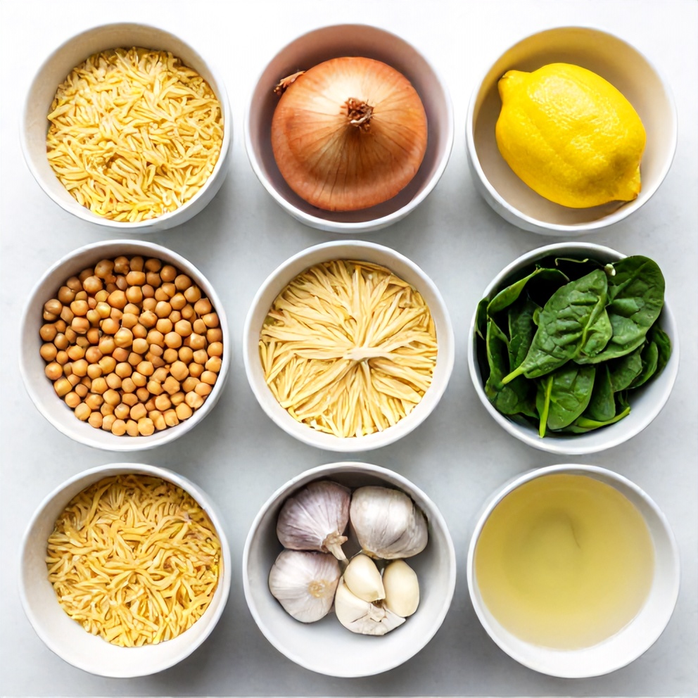 Raw ingredients for Lemon Chickpea Orzo Soup: orzo, chickpeas, onion, garlic, lemon, spinach, and broth