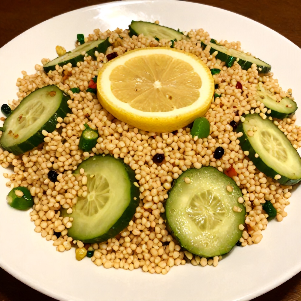 Lemon Cucumber Couscous Salad plated with a lemon slice garnish