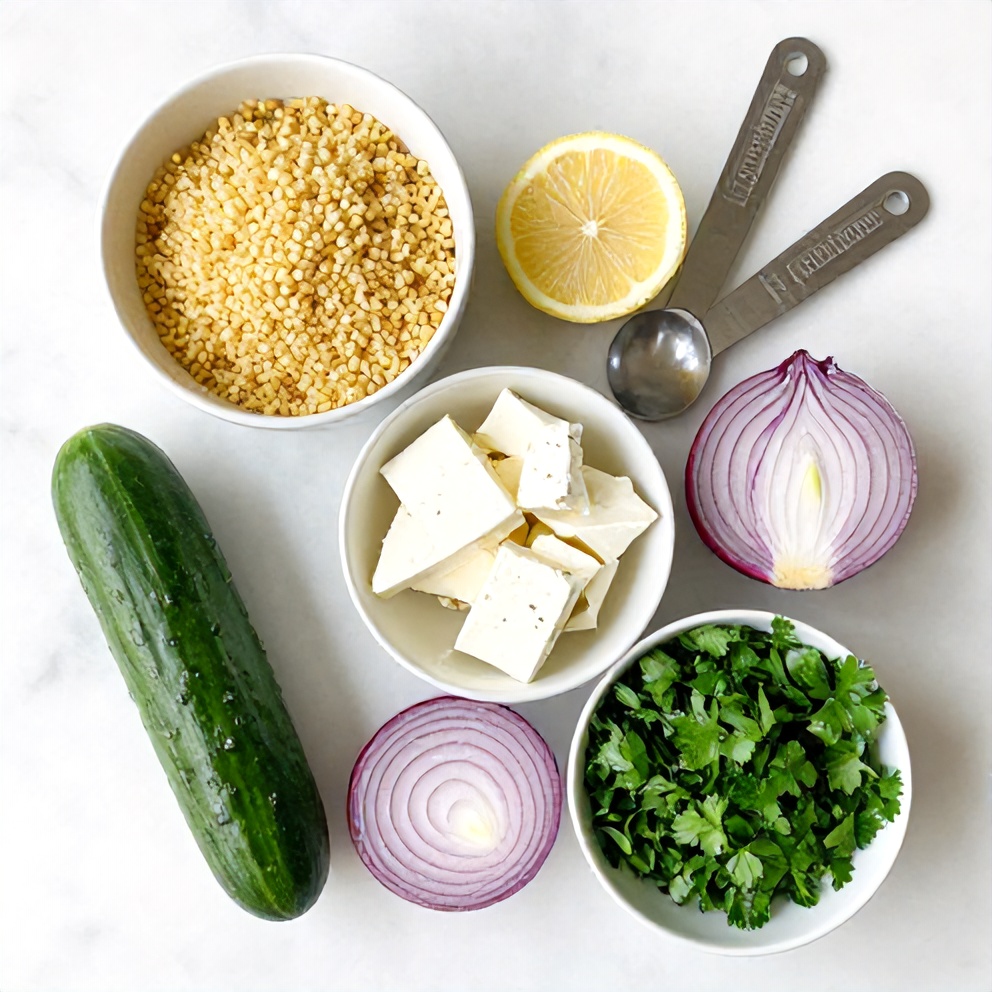 Raw ingredients for Lemon Cucumber Couscous Salad on a white marble surface