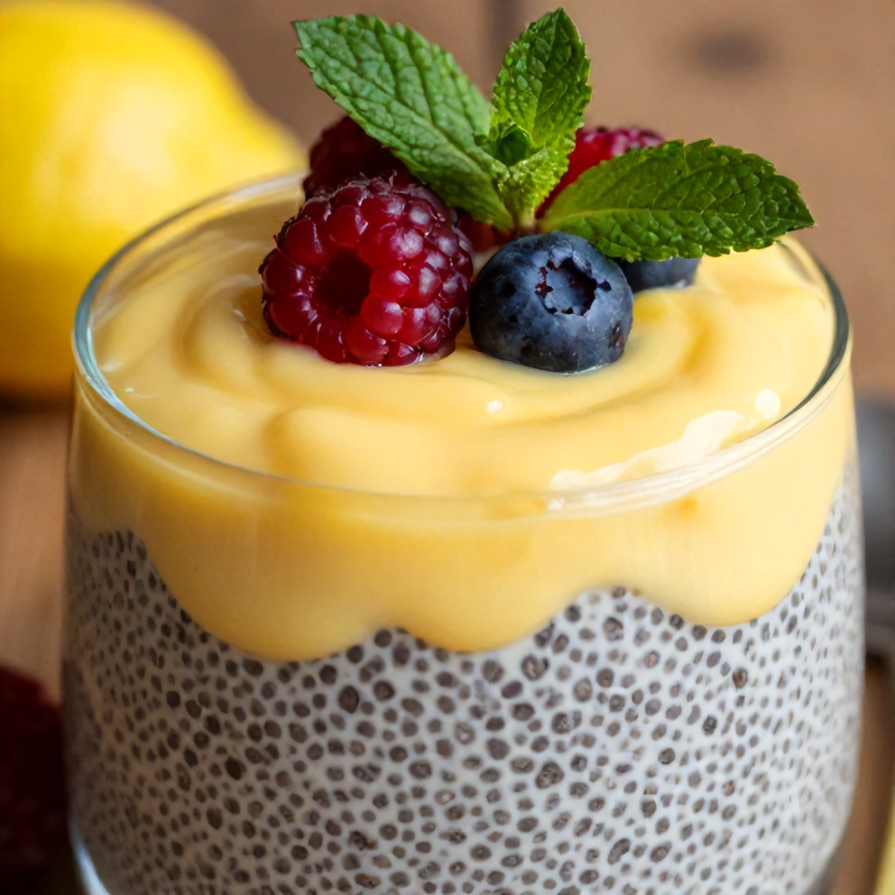 Lemon Curd Chia Pudding with Fresh Berries and Mint Leaves