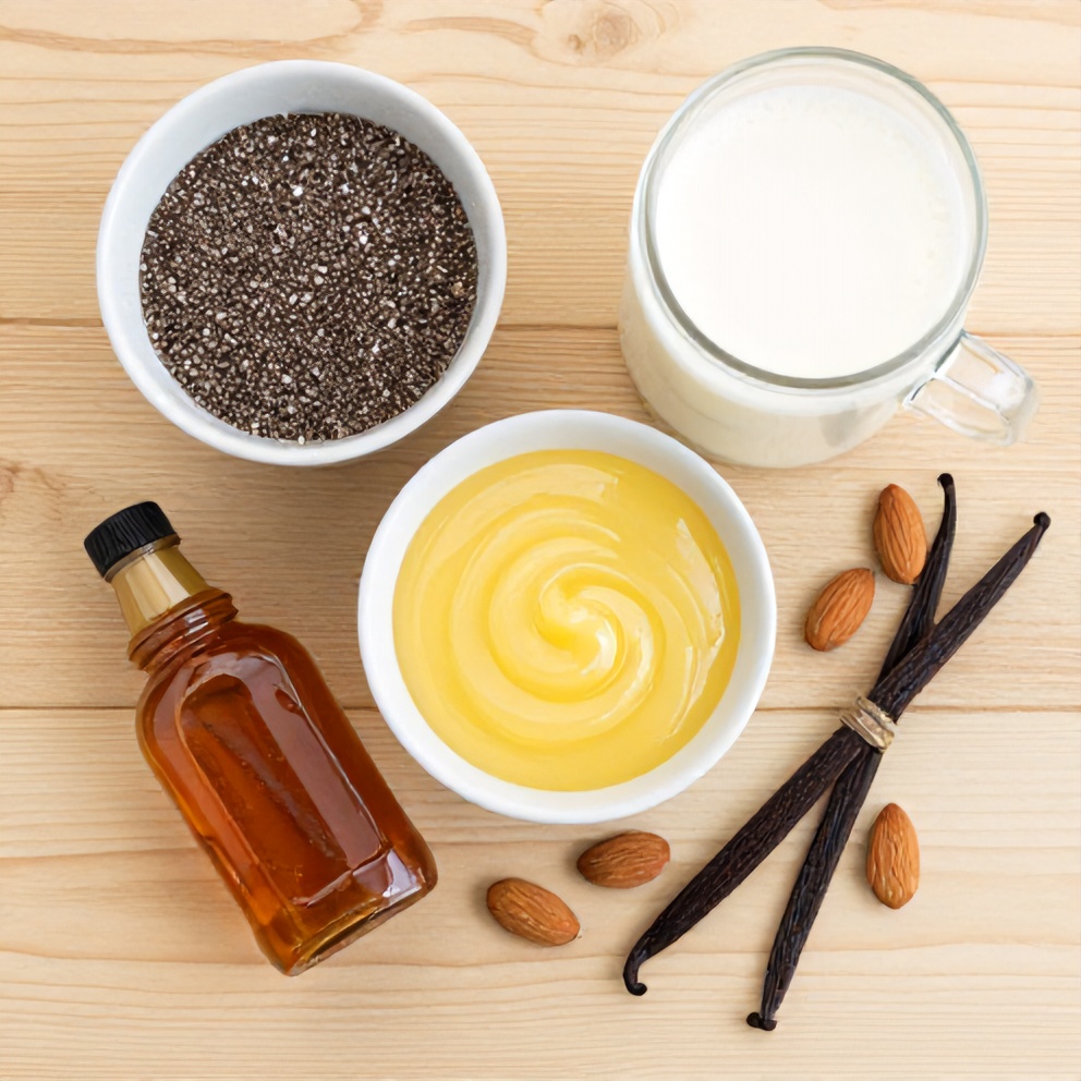 Chia Seeds, Lemon Curd, Almond Milk, Maple Syrup, and Vanilla Extract on a Wooden Surface