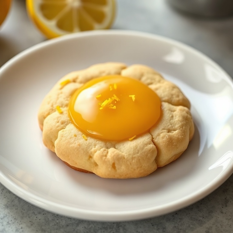 Single lemon curd cookie on a white ceramic plate garnished with fresh lemon zest